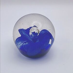 Vintage, Handmade Art Glass Paperweight, Cobalt Blue Flower, 2.5”